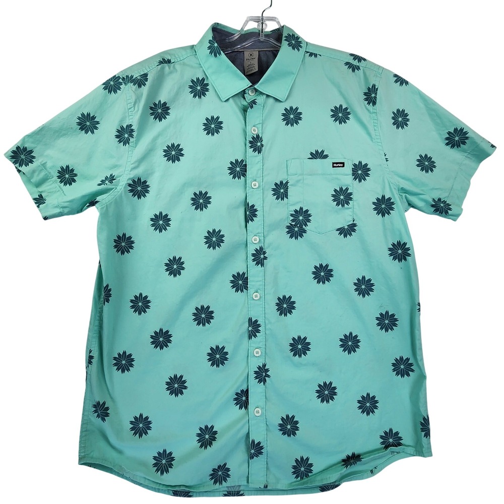 Hurley Large Mint Green Floral Short Sleeve Button Down Surf Beach Summer Shirt